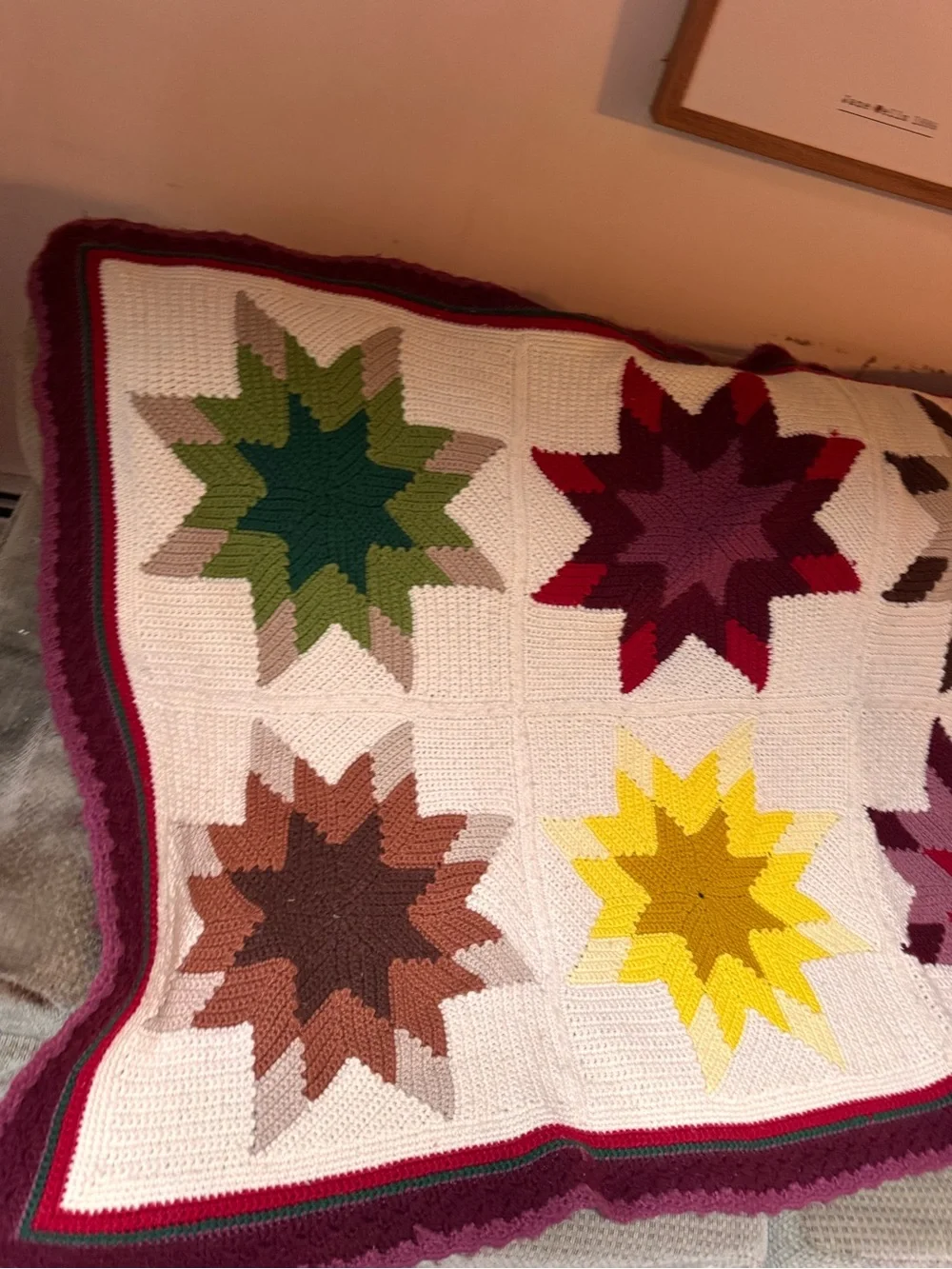 Handmade crochet point stars afghan blanket 77.5 by 45